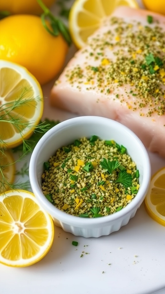 A bowl of lemon herb seasoning with fresh herbs and lemon zest, alongside a fish fillet.